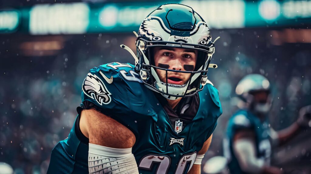 Dallas Goedert in Philadelphia Eagles uniform focused during intense football game action wallpaper