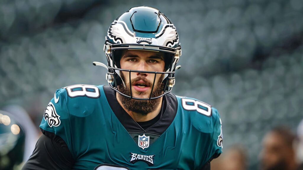 Dallas Goedert Philadelphia Eagles focused in green black uniform helmet NFL game day stadium background Wallpaper