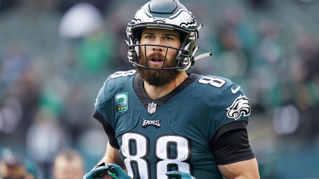 Dallas Goedert in Philadelphia Eagles number 88 uniform focused on field dynamic football wallpaper