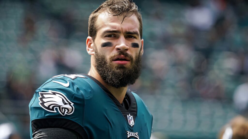 Dallas Goedert Philadelphia Eagles tight end focused portrait green white NFL football wallpaper