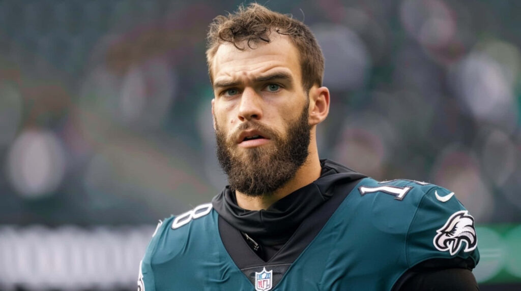 Dallas Goedert Philadelphia Eagles wallpaper focused expression green jersey stadium background