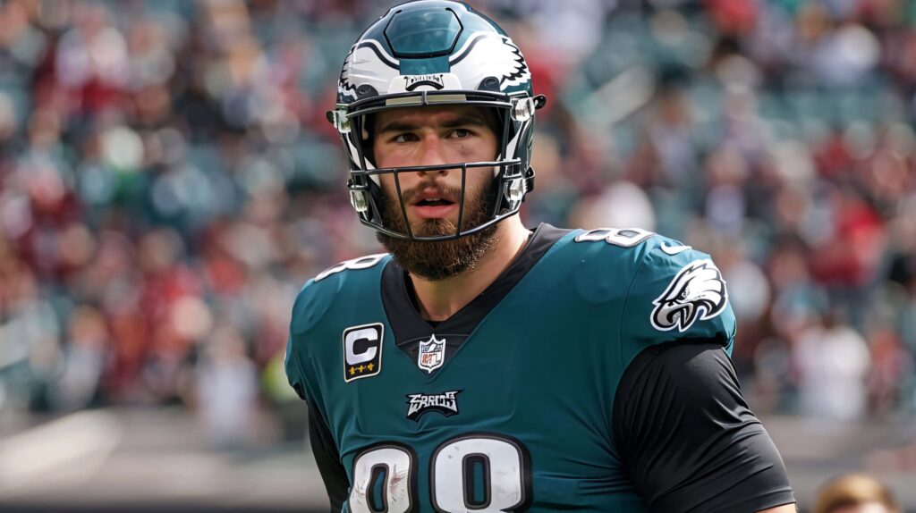 Dallas Goedert in Philadelphia Eagles uniform on field intense NFL tight end wallpaper background
