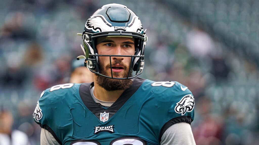 Dallas Goedert Philadelphia Eagles tight end in green black uniform focused stadium background Wallpaper