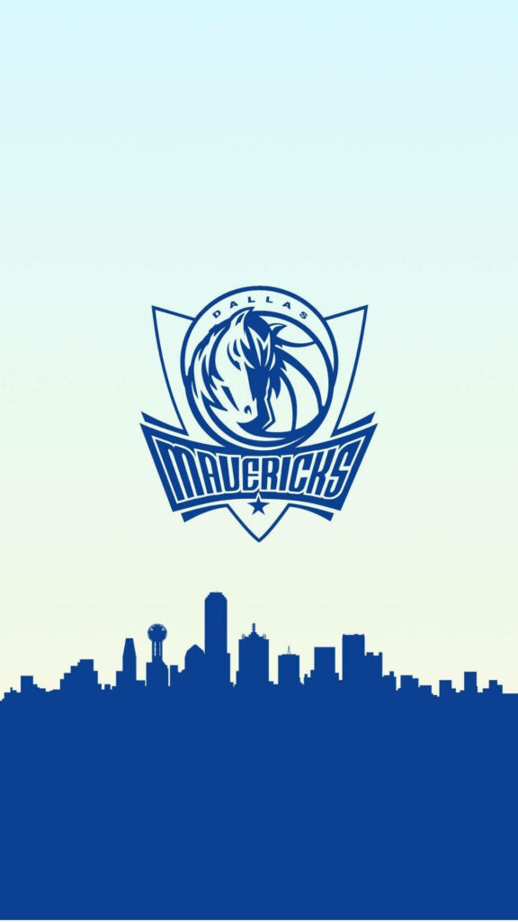 Dallas Mavericks wallpaper with bold blue logo horse above Dallas skyline on light background