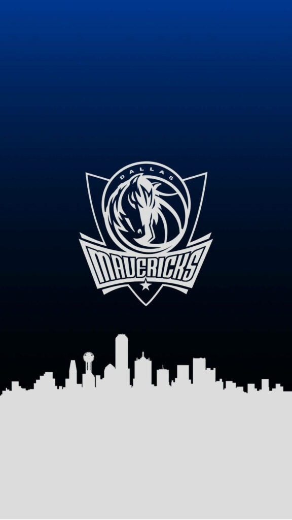 Dallas Mavericks City wallpaper with bold white logo and minimalist Dallas skyline on dark gradient background