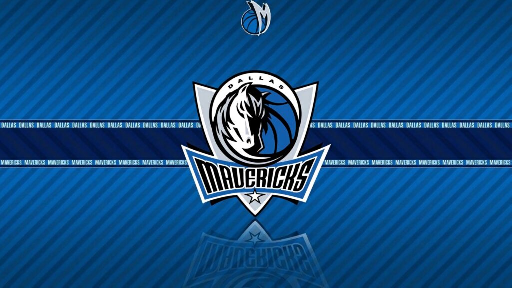Dallas Mavericks wallpaper with iconic horse logo on blue stripes and reflected team name design