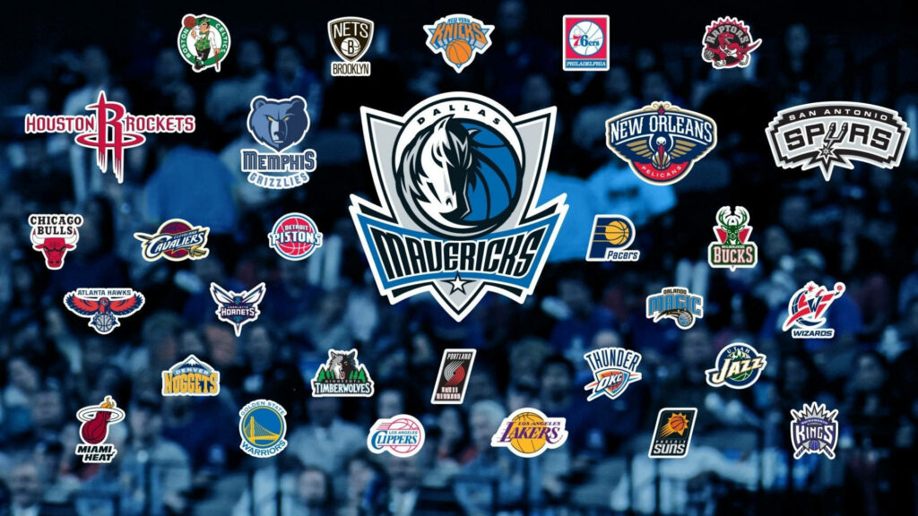 Dallas Mavericks logo centered with vibrant NBA team logos arena background high-definition wallpaper