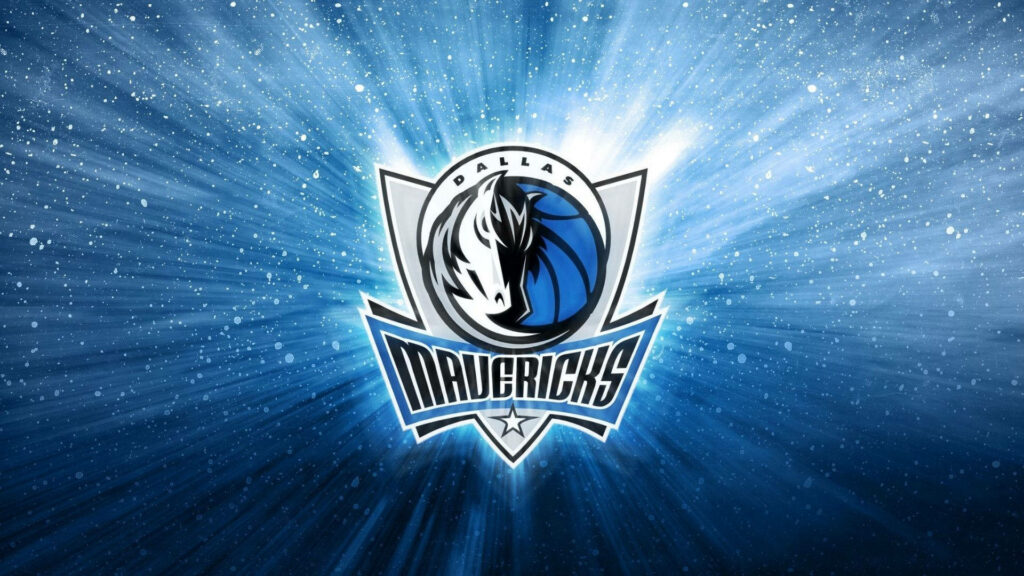 Dallas Mavericks logo on dynamic sea backdrop with blue white light beams and water droplets Wallpaper