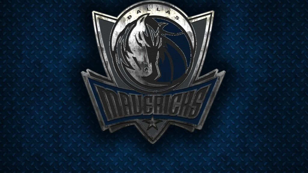 Dallas Mavericks logo metallic finish on textured blue metal background rugged industrial look Wallpaper