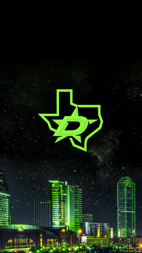 Dallas skyline at night with vibrant green lights and Dallas Stars logo under starry sky wallpaper