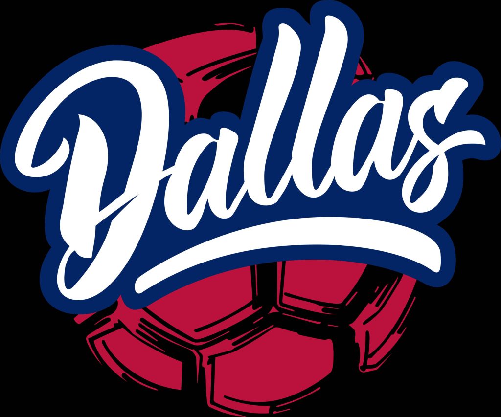 Dallas soccer wallpaper with geometric red ball and white script lettering vibrant sports design