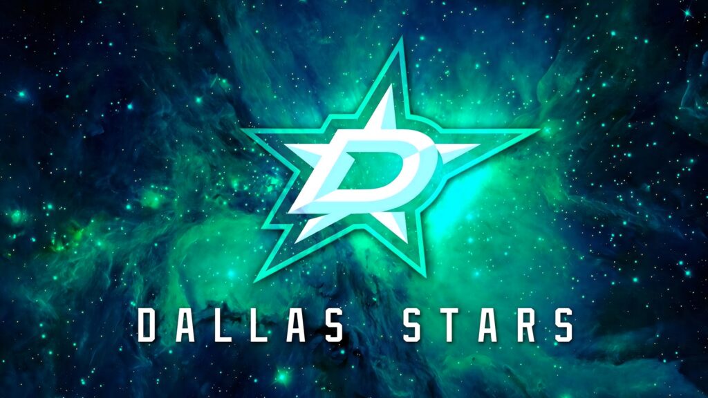 Dallas Stars Cosmic Green logo glowing over vibrant green and blue nebula sports wallpaper background