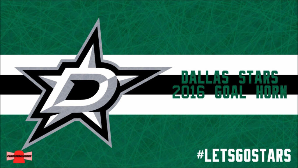 Dallas Stars Lets Go Stars poster with silver black logo on textured green hockey wallpaper background