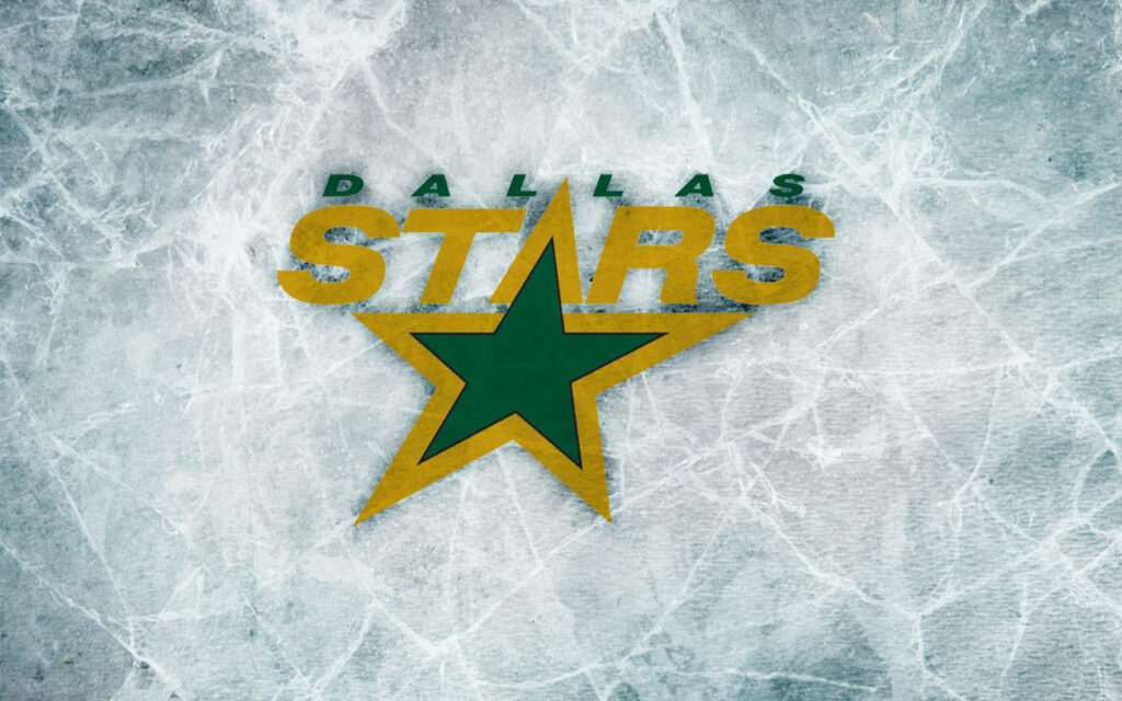 Dallas Stars logo in green and gold on textured icy background hockey rink wallpaper design