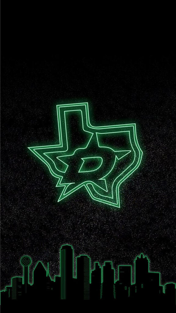 Dallas Stars neon green logo glowing above black Dallas city skyline on dark textured background Wallpaper