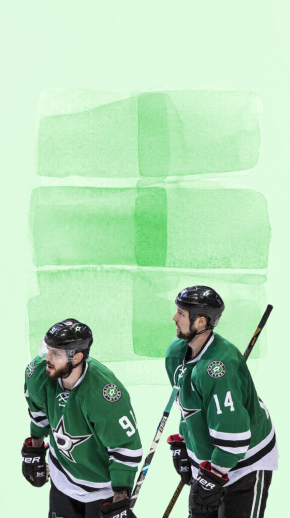 Dallas Stars Tyler Seguin and Jamie Benn in green jerseys on abstract green watercolor background wallpaper