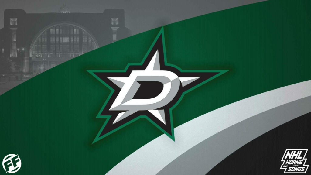Dallas Stars NHL logo on sweeping green black white silver curved background wallpaper