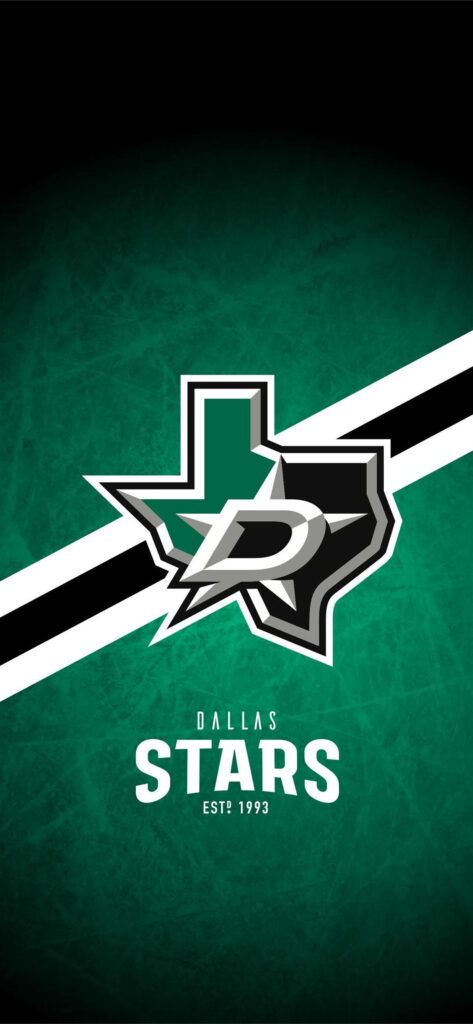 Dallas Stars logo over green Texas outline with white black stripes and team name wallpaper