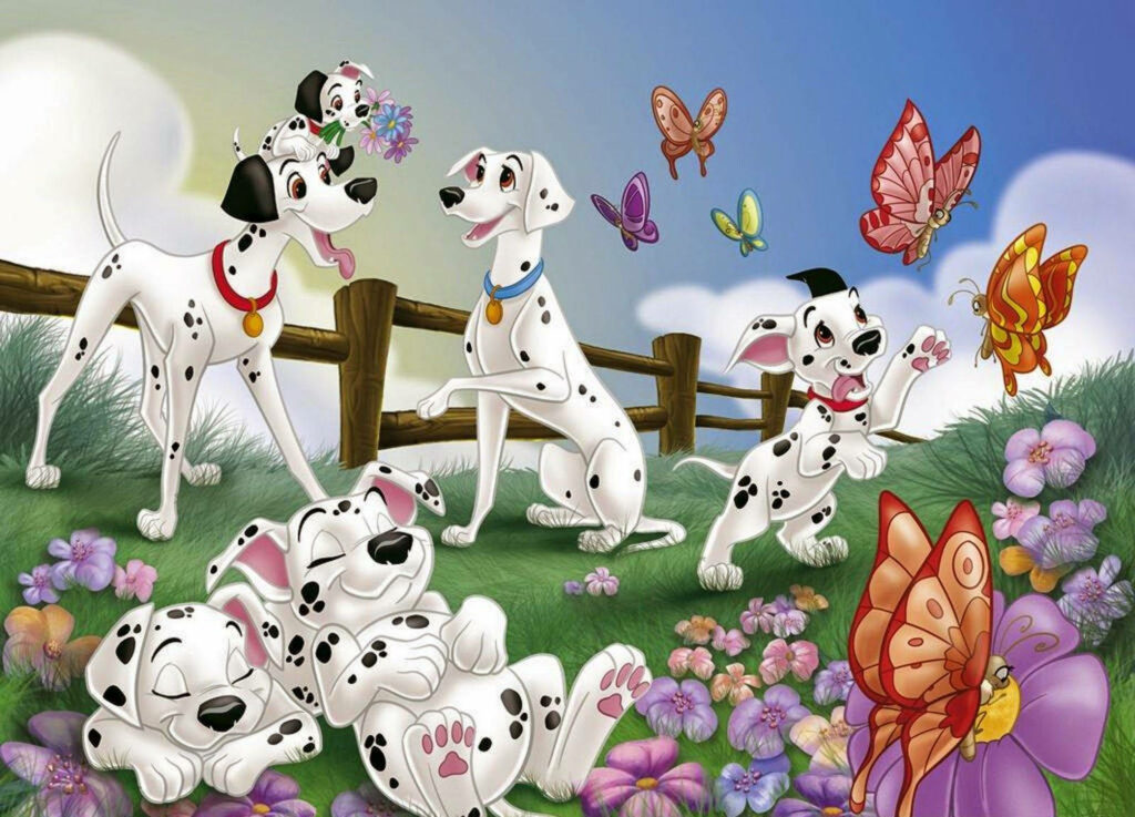 Dalmatian Delight: Perdita, Pongo, and Puppies Unleash Joy on the Farm Wallpaper