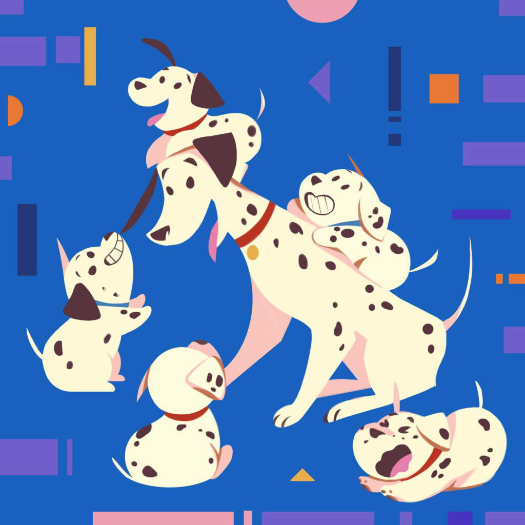 Playful Dalmatian Puppies Unleash Joy With Pongo in a Vibrant Abstract Environment Wallpaper