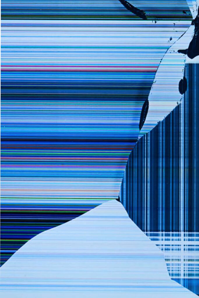 Abstract broken screen wallpaper with blue and multicolored glitch lines and fractured pixels background