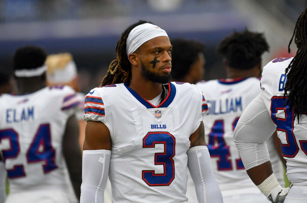 Buffalo Bills Damar Hamlin Number 3 in white blue uniform focused NFL player wallpaper