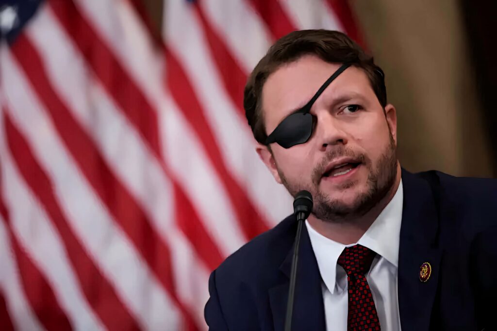 Dan Crenshaw portrait in suit with eyepatch American flags background official wallpaper
