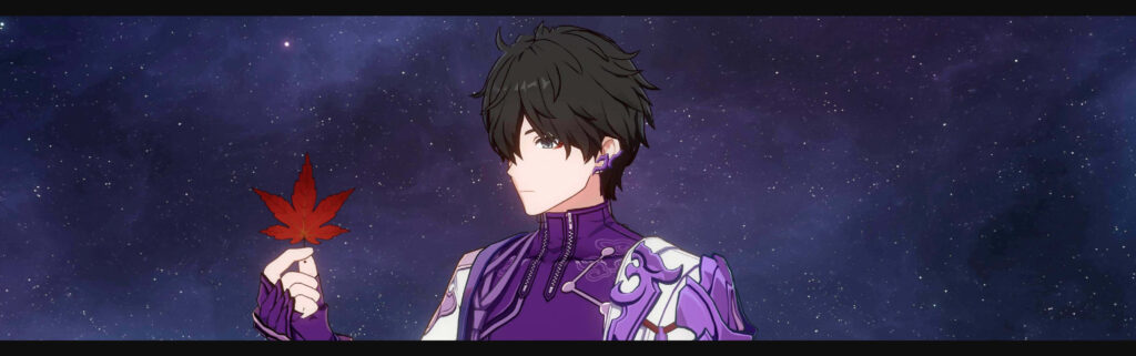 Dan Heng from Honkai Star Rail in purple attire holding red maple leaf against cosmic backdrop Wallpaper
