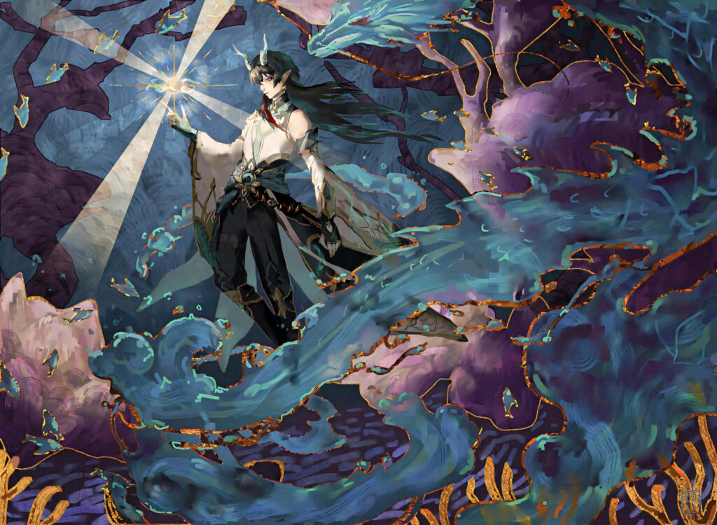 Dan Heng from Honkai Star Rail with mystical dragon spirit in vibrant blue purple fantasy wallpaper