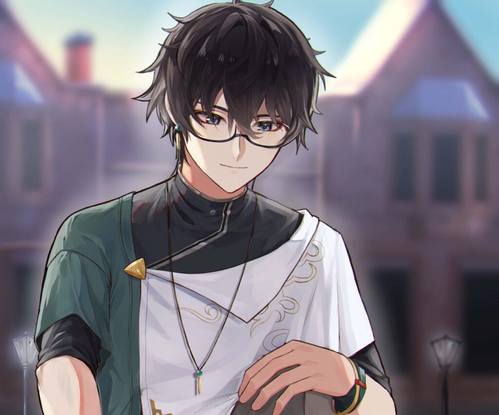 Dan Heng Honkai Star Rail elegant art black hair glasses gold detailed outfit urban blur wallpaper