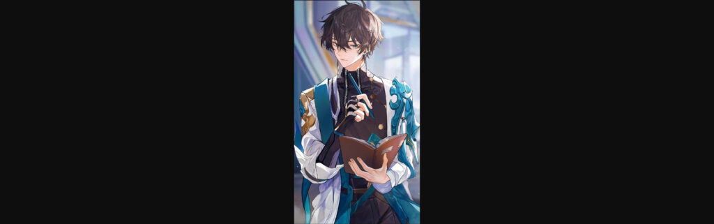 Dan Heng from Honkai Star Rail calm focused with open book in teal black outfit anime wallpaper