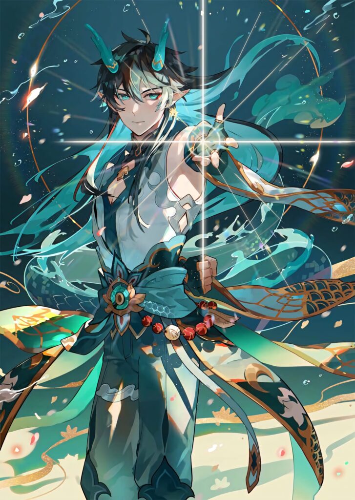 Dan Heng Honkai Star Rail wallpaper vibrant anime style teal gold energy glowing celestial background