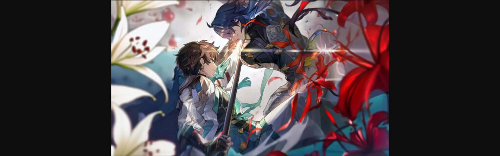 Dan Heng Honkai Star Rail intense faceoff with glowing swords and vibrant white red lilies wallpaper