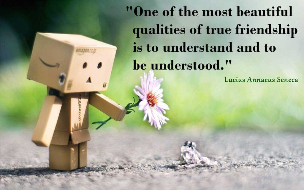 Danboard offering flower to small creature with nature background and Seneca friendship quote Wallpaper