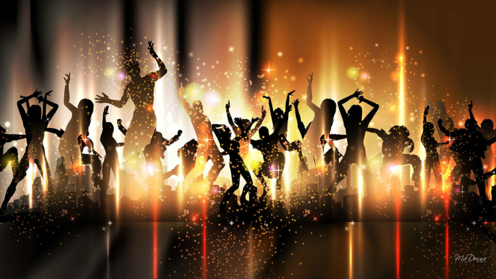 Vibrant dancing silhouettes on glowing golden background with light flares and sparkling particles Wallpaper