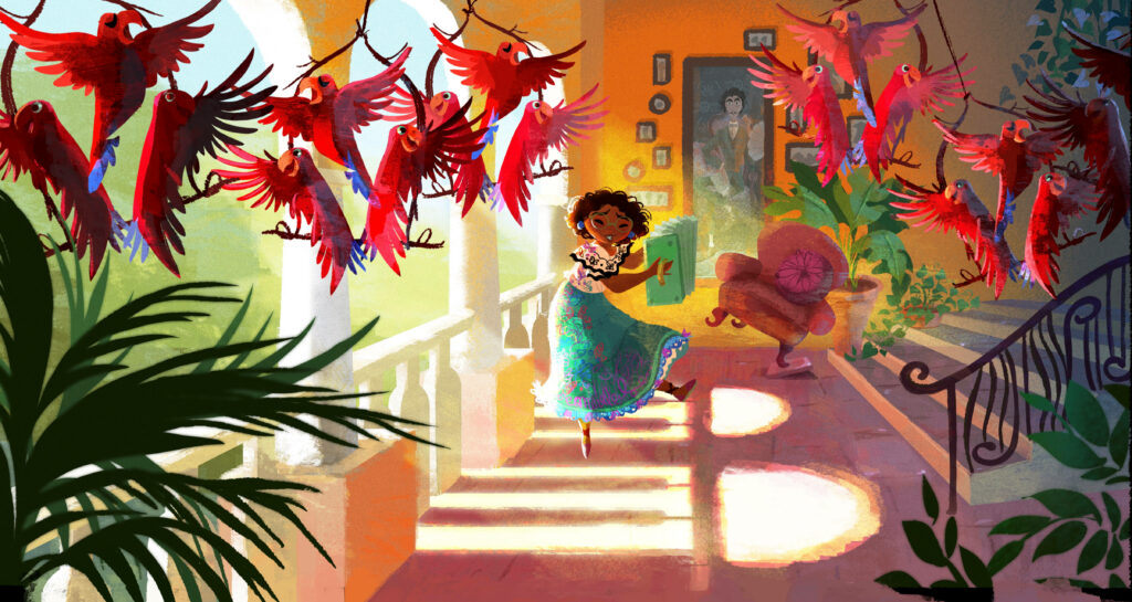 Mirabel dancing on sunlit terrace with red parrots tropical greenery vibrant Encanto art wallpaper