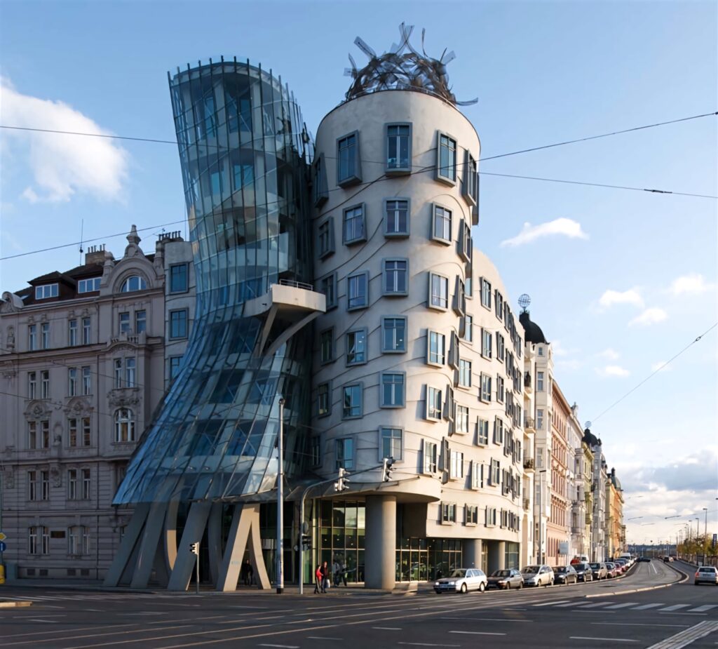 Dancing House Prague wallpaper showing curving glass and concrete deconstructivist architecture