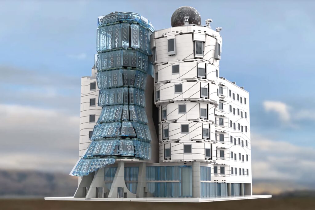 Dancing House Prague wallpaper with twisted glass and concrete modern architecture under blue sky