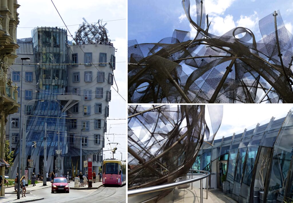 Dancing House Prague wallpaper with twisted rooftop metal structure and glass panels urban scene