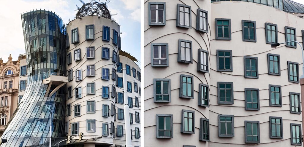 Dancing House Prague modern architecture with glass façade and historic city skyline wallpaper background