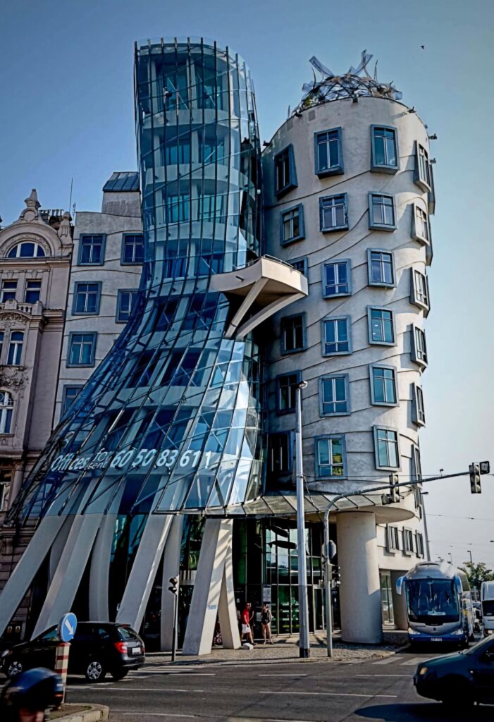Dancing House Prague wallpaper showcasing unique glass curves and modern deconstructivist architecture
