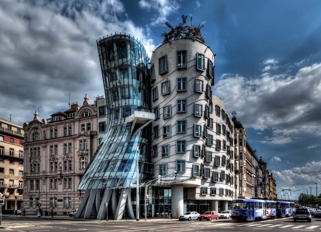 Vibrant wallpaper of Prague Dancing House modern architecture glass concrete twisting design