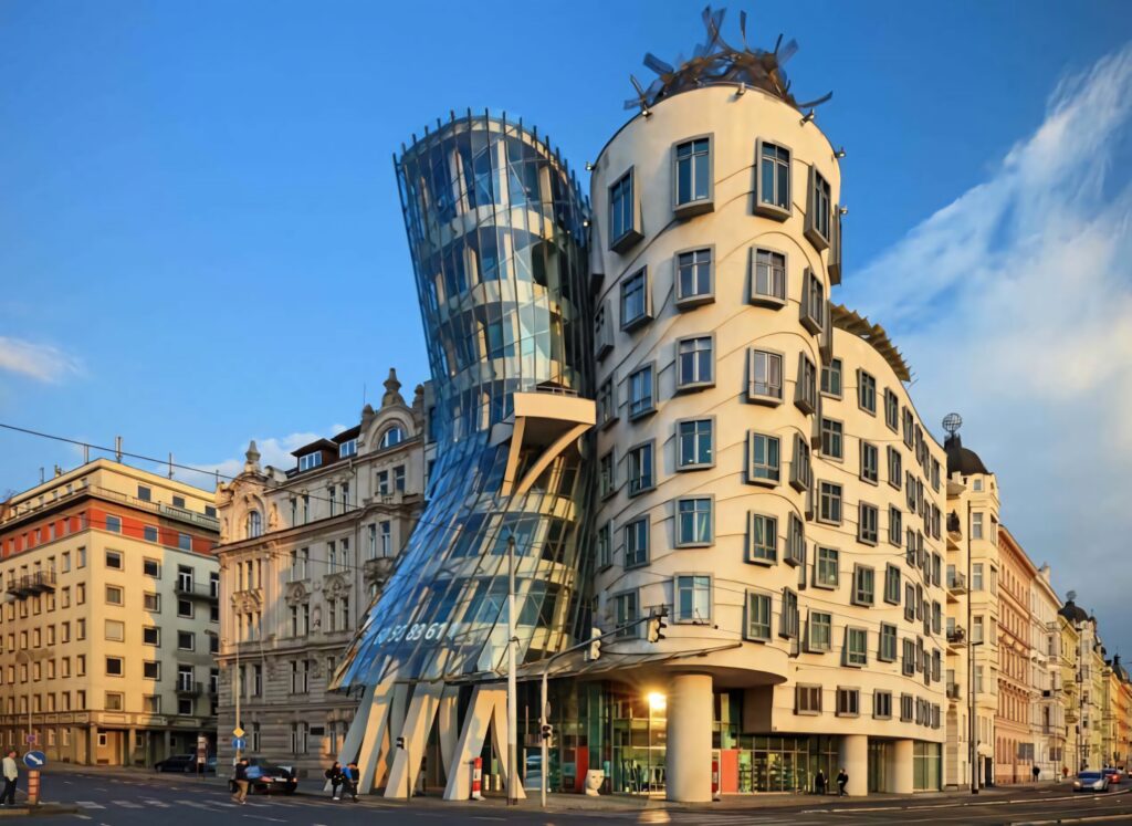 Dancing House Prague wallpaper showing curving glass tower and deconstructivist architecture