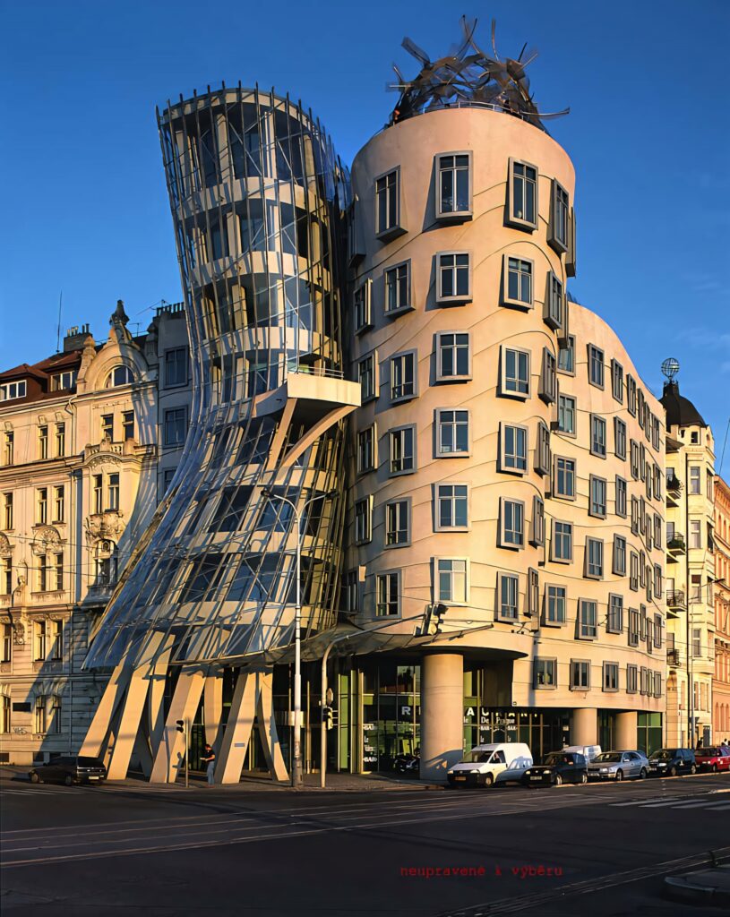 Dancing House Prague vibrant wallpaper with curved glass concrete facades and warm sunlight