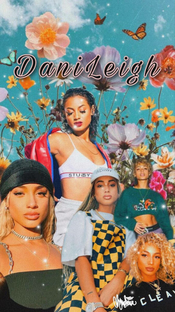 Colorful DaniLeigh collage wallpaper with stylish outfits floral butterflies vibrant artistic vibe