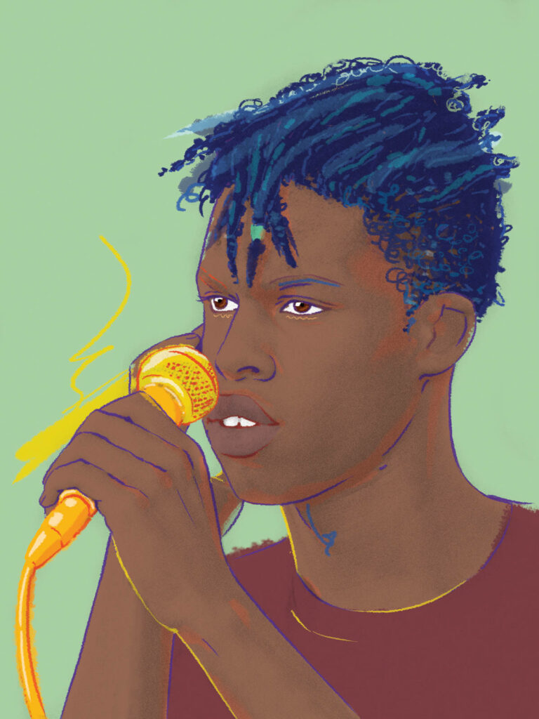 Daniel Caesar singing into golden microphone digital art wallpaper with pastel soulful background
