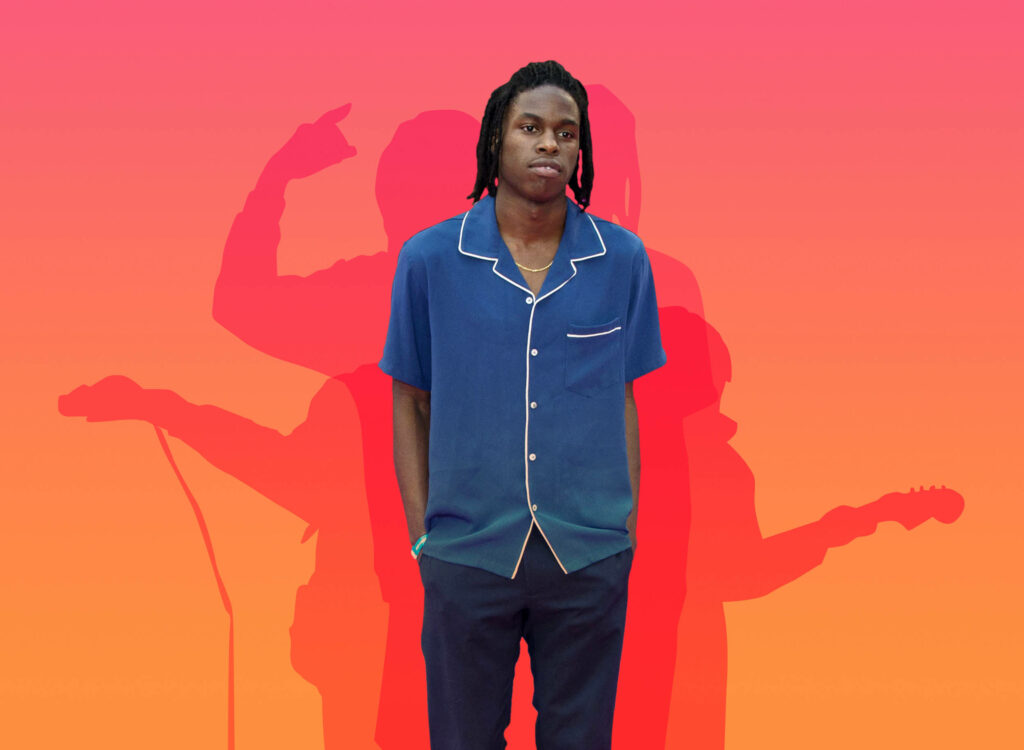 Daniel Caesar wallpaper blue outfit pink orange gradient background microphone guitar silhouette