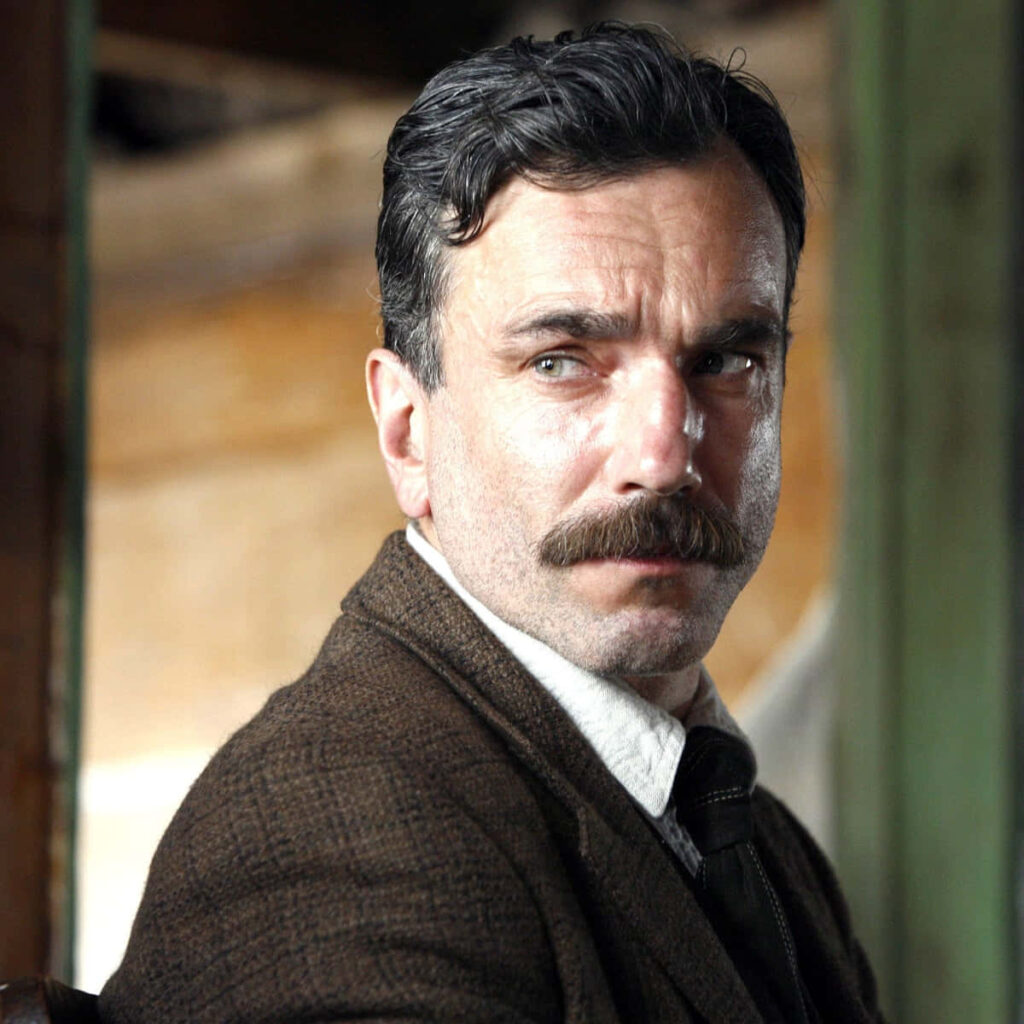 Daniel Day-Lewis dramatic portrait wallpaper with intense expression and classic attire in earthy tones
