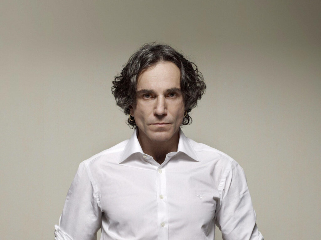 Daniel Day Lewis intense expression curly hair white shirt minimalist Esquire portrait wallpaper