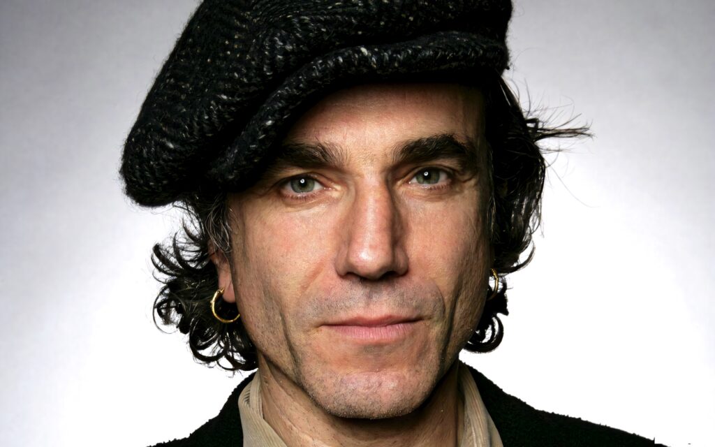 Daniel Day-Lewis portrait wearing black beret and hoop earrings classic cinematic style wallpaper